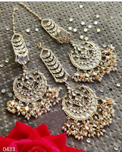 Indian Gold Plated Ethnic Tribal Jewelry Kundan Chandbali Earrings Tikka Set - £29.87 GBP