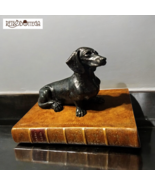 The Original Book Works Bronze Dachshund Paperweight Sitting On Resin Book - $107.58