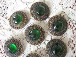 Seven (7) Vintage Green Faceted Glass Buttons on Metal Backs with Loop Shanks - £27.58 GBP