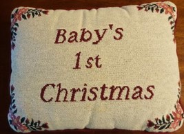 Baby&#39;s First Christmas Throw Pillow Cream Red Tapestry Photo Prop Infant - £5.45 GBP