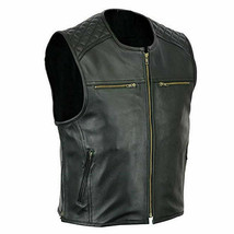 Men&#39;s Genuine Black Cowhide Leather  Quilted Biker Style Waistcoat , Vest - £73.25 GBP
