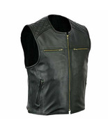 Men&#39;s Genuine Black Cowhide Leather  Quilted Biker Style Waistcoat , Vest - £73.37 GBP