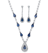 Pear Cut Simulated Blue Sapphire Halo Drop Earrings Necklace Set Silvertone - £79.91 GBP