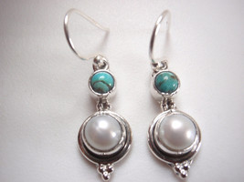 Blue Turquoise and Cultured Pearl Cabochon 925 Sterling Silver Dangle Earrings - £12.11 GBP