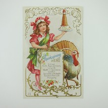 Thanksgiving Postcard Wild Turkey Girl Chef Dessert Pudding Embossed Antique - £7.96 GBP