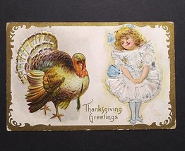 Thanksgiving Greetings Turkey Girl in Dress Gold Embossed c1909 Antique Postcard - £6.27 GBP