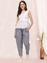 White Sleeveless Ruffle Top Paired With Check Casual Pant,Perfect Cord S... - $43.18