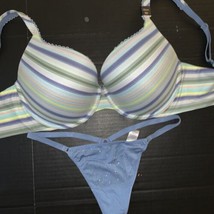 Victoria&#39;s Secret 34DDD Conjunto Sujetador + O/S Tanga Rayas Azul Verde Cuerpo - £66.45 GBP