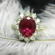 14K Yellow Gold Plated 3Ct Oval Simulated Red Ruby Diamond Pretty Halo Ring - $84.59