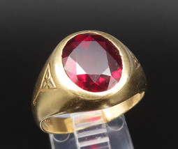 14K GOLD - Vintage Victorian Etched Triangle Garnet Signet Ring Sz 9 - GR476 - £377.39 GBP