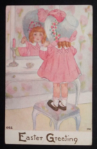 Easter Greeting Little Girl in Pink Dress, Curls, &amp; Hat FA Owen Postcard c1910s - £6.27 GBP