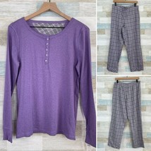 Talbots Flannel Pajama Set Purple Gray Silver Plaid Henley Cotton Womens... - £39.51 GBP