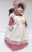 Vintage Porcelain Bisque DOLL w Cloth Body Cotton Dress Bonnet Victorian 15&quot; - £27.11 GBP