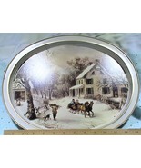 Vintage Currier &amp; Ives Winter 1868 &#39;The American Homestead&#39; Oval Tin Tray - $18.95
