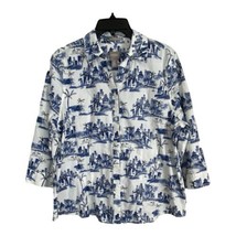 Chicos Women Shirt Adult Size 2=Large White Blue Palm Trees Button Up 3/4 Sleeve - £18.18 GBP