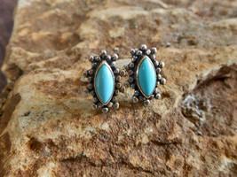 Blue Turquoise Oval Stud Earrings 925 Sterling Silver, Handmade Womens Earrings - £43.95 GBP