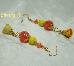 Sale! Yellow Orange Sparkly Lampwork Yellow Crystal GP Earrings - £15.92 GBP