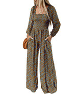 Brown Floral Print Western Smocked Bodice Square Neck Wide Leg Jumpsuit - $524.18 MXN