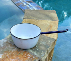 Vintage Enamelware Saucepan Pot White with Blue Trim 4 Quart Primitive R... - $14.39