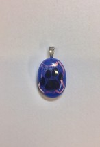 Paw Print on Pink Dichroic and Dark Blue Fused Glass Pendant with Necklace - £14.38 GBP