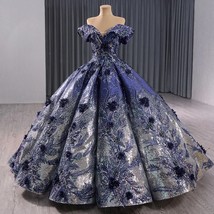 Blue Sequin Multi Beaded 3D Floral Appliqués Scattered Gown - £1,107.24 GBP