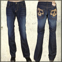 Indian Rock Culture Skull Tan Leather Western Mens Bootcut Jeans Blue NEW 30 32 - £123.62 GBP