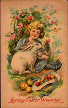 Vintage Easter Postcard - &quot;Loving Easter Greetings&quot; Girl &amp; Large Bunny BKC2 - £4.15 GBP