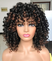 Afro Curly Wigs Black with Warm Brown Highlights Wigs with Bangs for Black Women - £27.42 GBP