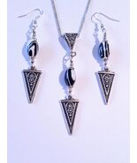 Gothic Malachite silver jewelry set Victorian necklace earrings Boho jew... - $73.24 CAD