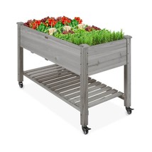Outdoor Grey Wood Raised Garden Bed Planter Box with Shelf and Locking Wheels - £196.79 GBP