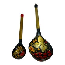 Vtg Russian Khokhloma Hand Painted Wooden Spoons Gold Floral Berry Lot S... - $23.36