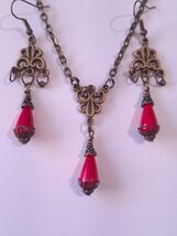 Victorian burgundy pearl bronze jewelry set flower rose jewelry set earr... - $52.00