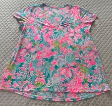 Lilly Pulitzer Etta V-Neck Tee, Pink Multicolor Floral Size XL NWOT - $29.98