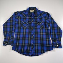Vintage Ely Cattleman Shirt Mens L Blue Black Plaid Button Down Pearl Snaps - £22.06 GBP