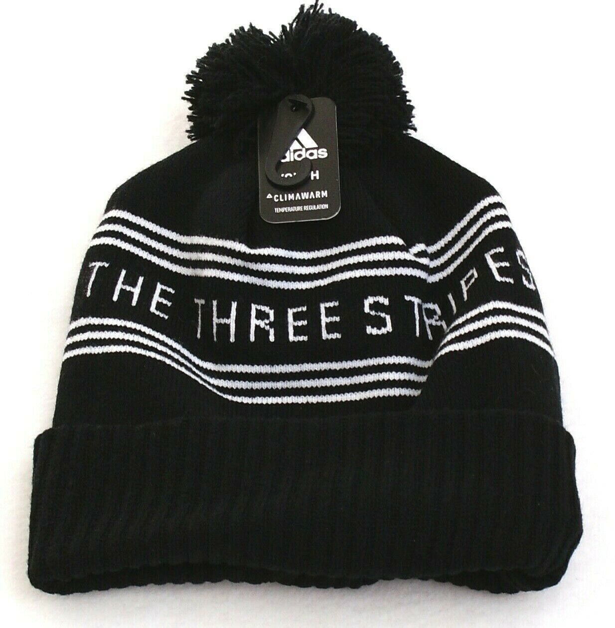 Adidas Climawarm Black & White Three Stripes Knit Pom Beanie Youth Boy's 8-20 - $25.98
