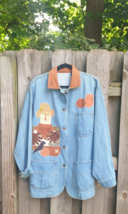 Fall Blue Jean Jacket Scarecrow Pumpkins Country Barn Coat Womens Size Large - £40.14 GBP