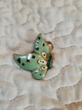 Vtg Guilloche Glass Enamel Butterfly Moth Mint Green Brooch Pin Gold Ton... - $32.75 CAD