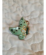 Vtg Guilloche Glass Enamel Butterfly Moth Mint Green Brooch Pin Gold Ton... - $32.82 CAD
