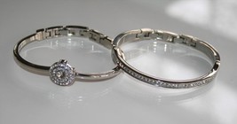 Anne Klein -Set of 2- Silver Tone Clear Crystal Hinged Cuff Bracelets J433 - £38.03 GBP