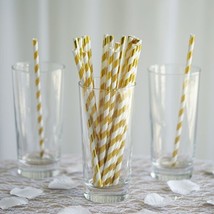 50 Pcs 8&quot;&quot; White And Gold Biodegradable Striped Paper Straws Wedding Party Craft - £8.69 GBP
