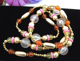 Pink Orange Yellow &amp; Goldtone Beaded Necklace Vintage Frosted Plastic Beads 36&quot; - £19.26 GBP