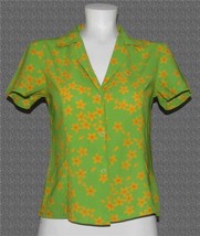 VTG Karimadon Lime Green Mustard Yellow Flowers S/S Button Blouse Wm&#39;s S? - $21.99