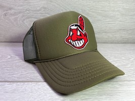 New Cleveland Indians Wahoo Army Green Hat 5 Panel High Crown Trucker Snapback - £18.27 GBP
