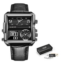 LIGE Luxury Men Quartz Digital Watch Leather All Black - £40.16 GBP