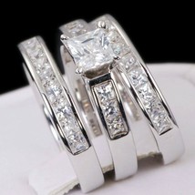 14k White Gold Plated Silver Women Princess Cut Wedding Band Engagement Ring Set - £51.00 GBP