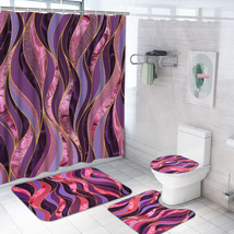 4Pcs Purple and Gold Wavy Striped Shower Curtain Set with Memory Foam Bath Mat,  - £23.08 GBP