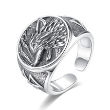 925 Sterling Silver Viking Wolf Adjustable Ring for Men Women Vintage Nordic Val - £39.01 GBP