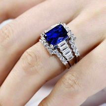 3.20Ct Emerald Cut Blue Sapphire 3PC Trio Engagement Ring 14K White Gold Finish - £89.06 GBP