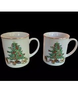 Vintage Fine Porcelain Christmas Mugs Gold Rim Tree &amp; Holly Japan Lot Of 2 - $13.84