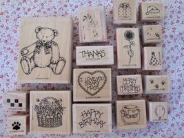 VTG Stampin&#39; Up Button Bear 1995 17 Wood Mounted Rubber Stamps Set Holidays - $7.99